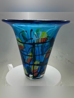 Large Hand Blown Blue Art Glass Vase Abstract Confetti Ribbon Design Heavy